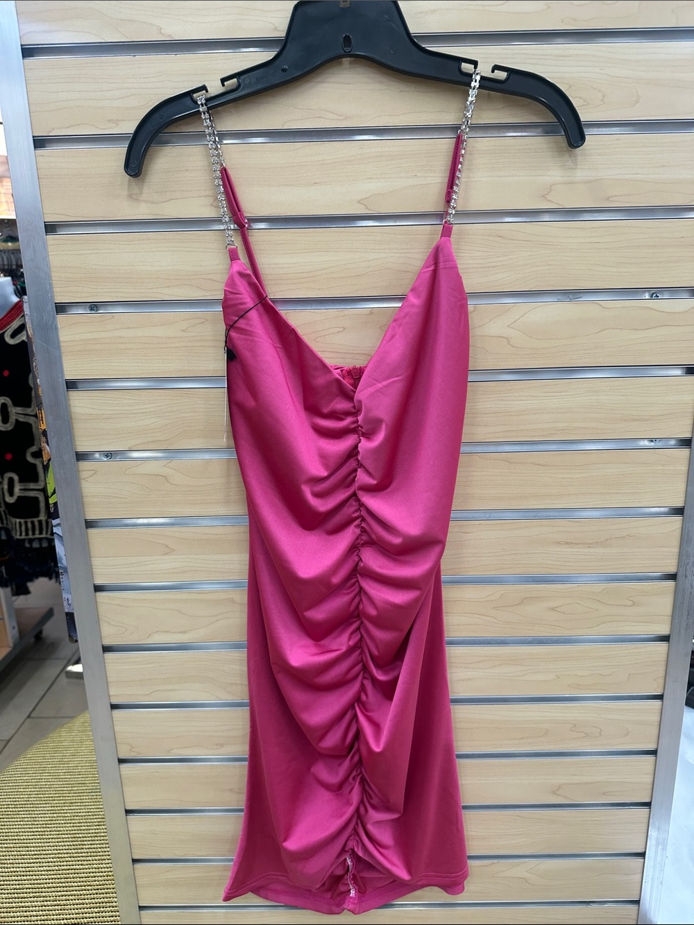Fuchsia Ruched Slip Dress with Chain Straps